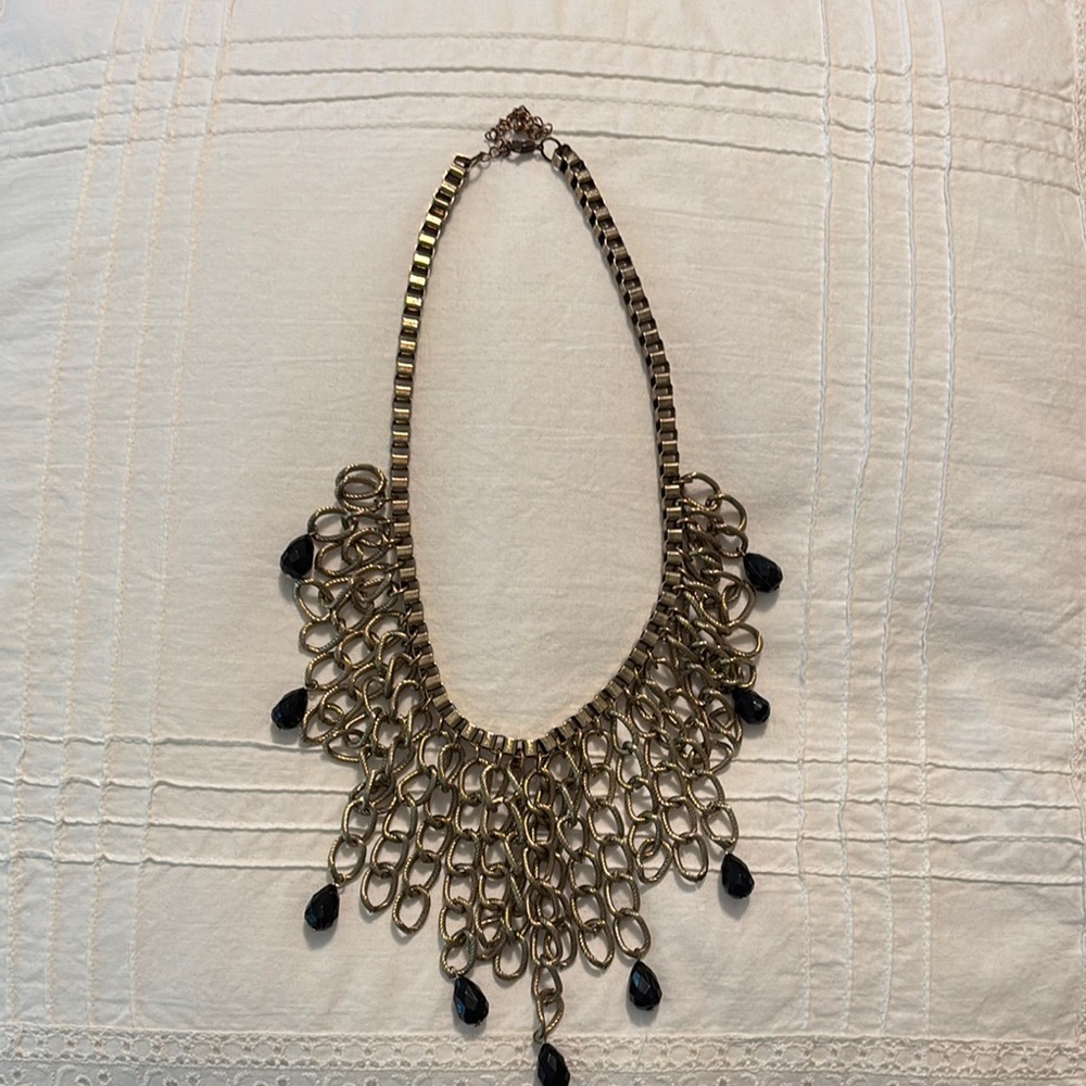 Gold and Black Ornate Necklace with Cascading Pendant